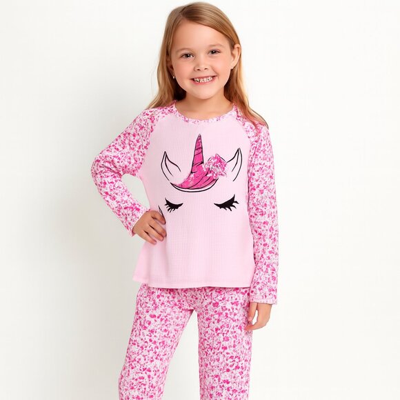 The Children's Place Unicorn Graphic Floral Pajama Long Sleeves 2Pc Pink Wht M - Picture 1 of 13